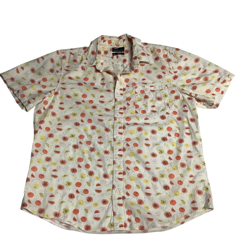 Public‎ Opinion Mens Large Citrus Fruit Print Button Up Shirt Orange Lemon White